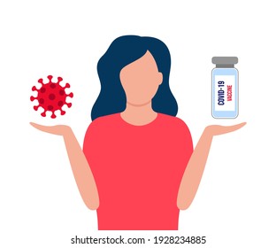 Young Woman Doubt, Solve Question, Do Choice Vaccination. Comparison, Ratio Between Vaccine And Virus Sick Risk. Pensive Girl Asks Questions. Trouble, Worried, Confused Female. Vector