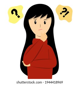 Young woman doubting or thinking of something cartoon vector. Girl having question mark over her head.