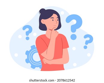 Young woman doubts and questioning everything. Young girl in casual clothes surrounded by a question mark. Flat cartoon vector illustration. - Shutterstock ID 2078612542