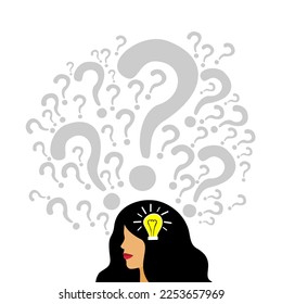 Young woman doubts and questioning everything. Flat cartoon vector illustration.
