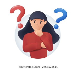 Young woman doubts and questioning everything. Business young girl in casual clothes surrounded by a question mark. 3D cartoon vector illustration