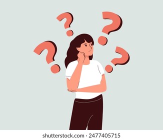 Young woman doubts and questioning everything. Young girl in casual clothes surrounded by a question mark. Flat cartoon vector illustration.