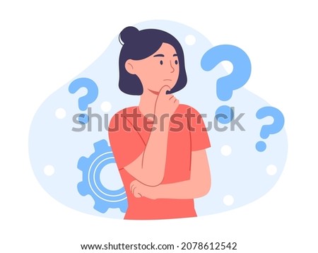Young woman doubts and questioning everything. Young girl in casual clothes surrounded by a question mark. Flat cartoon vector illustration.