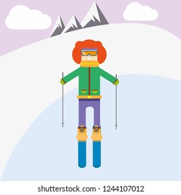 Young woman downhill skiing winter activity vector illustration design.