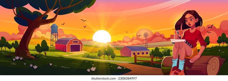 Young woman drawing countryside sunset. Vector cartoon illustration of female character sitting on log, writing in notebook, sun rising on horizon, farm field with crops, barn building, birds in sky