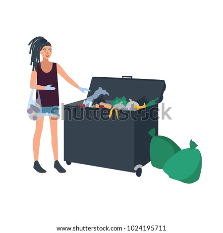 Young woman with dreadlocks picking leftover food from garbage container or trash bin. Female freegan dumpster diving. Flat cartoon character isolated on white background. Colored vector illustration.