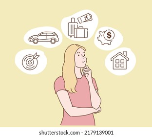 Young woman dreaming about home, investment, travel, car and money saving.