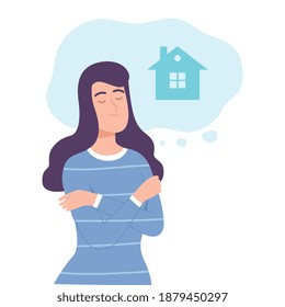 Young Woman Dreaming about New House, People Imagination Concept Cartoon Style Vector Illustration