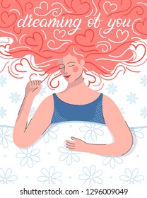Young woman dreaming in bed.Hearts background.Cute cartoon character.Romantic illustration perfect for greeting cards prints,flyers,posters,invitations and more.Valentines day card concept.