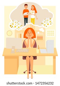 Young woman dreaming of her newborn baby while sitting at office desk with closed eyes, vector flat style design illustration. Maternity, motherhood, pregnancy planning concept.