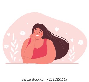 A young woman dreams, props her head with her hand, has a positive attitude. Romantic girl in her thoughts. Vector flat graphics.