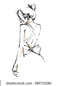 Young woman in a dress with a bow. back view. fashion illustration 