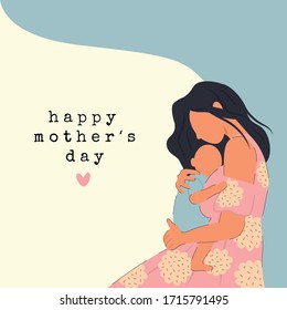 Young woman in dress with flowers holding her baby card with "happy mother's day" lettering. Newborn Baby child on mom's hands
