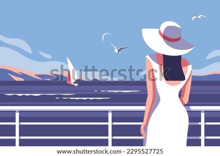 Young woman with dress and hat on wharf near sea, sailboat. Perfect background on the theme of summer travel, vacation or weekend.  Vector illustration.