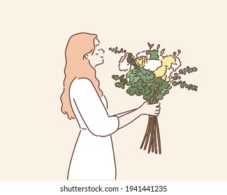 young woman in dress holding flowers. Hand drawn style vector design illustrations.