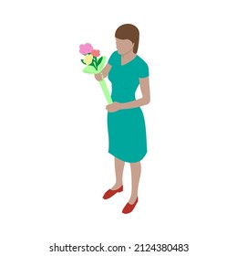 Young woman in a dress holds a bouquet of flowers in his hands. Romantic lady in isometric view.