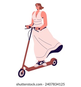 Mujer joven en viajes de vestimenta en patinete de alquiler. Las niñas conducen el transporte eléctrico, se aferran al vehículo ecológico urbano. El ocio de verano activo. Ilustración vectorial aislada plana sobre fondo blanco