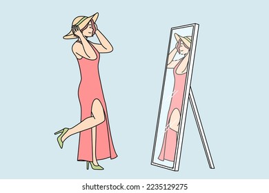 Young woman in dress, shoes, tries on hat in front of mirror. Girl chooses look for summer walk. Lady enjoys shopping, refreshes wardrobe. Vector linear colored illustration isolated on blue.