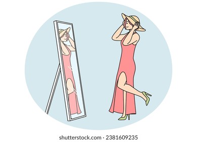 Young woman in dress, shoes, tries on hat in front of mirror. Girl chooses look for summer walk. Lady enjoys shopping, refreshes wardrobe. Vector linear colored illustration isolated on blue.