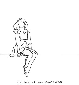 Young woman in dress sitting. Continuous line drawing. Vector illustration