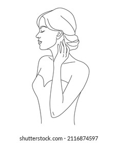 Young woman in dress vector one line illustration. Beautiful elegant woman wearing evening gown. Female profile monochrome line art minimalist print.