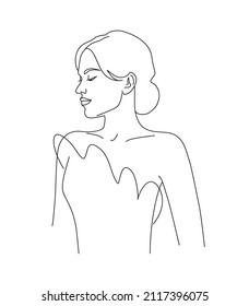 Young woman in dress vector one line illustration. Beautiful elegant woman wearing evening gown.  Female portrait monochrome line art minimalist print.