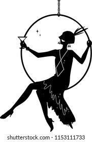 Young woman dressed in 1920s fashion sitting in a hanging hoop and having a cocktail, EPS 8 vector silhouette, no white objects
