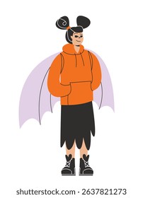 Young woman dressed up as a bat. Halloween character in linear flat style.