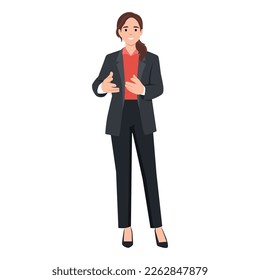 Young woman dressed in business clothes or female office workers talking to viewer. Flat vector illustration isolated on white background