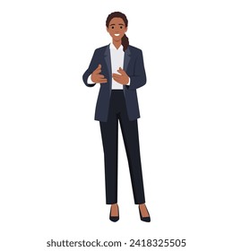 Young woman dressed in business clothes or female office workers talking to viewer. Flat vector illustration isolated on white background