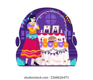 A Young Woman Dressed in Calavera Catrina Costume Praying Near the Altar or Ofrenda. Day of the Dead, a Traditional Halloween in Mexico. Dia de Los Muertos Illustration