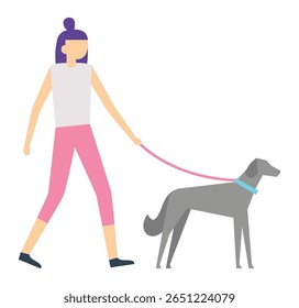 Jovem vestida com trajes casuais, caminhando com um galgo elegante em uma coleira rosa, desfrutando de um passeio relaxante por um cenário cênico ao ar livre, abraçando a alegria da companhia