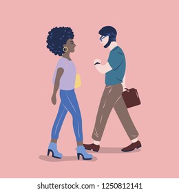 Young woman dressed in casual clothes and man looking at his wristwatch passing by. People, passersby or city dwellers walking down street. Colorful vector illustration in flat cartoon style.