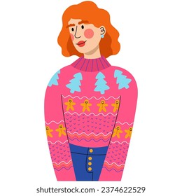 Young woman dressed in a Christmas sweater. National Ugly Christmas Sweater Day.