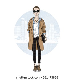 young woman dressed up in coat, street look, fashion illustration