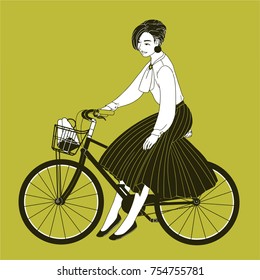 Young woman dressed in elegant clothes riding city bike drawn with contour lines on yellow background. Fashionable lady wearing blouse and pleated skirt sitting on bicycle. Vector illustration.