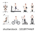 Young woman dressed in fitness apparel doing sports training on exercise machines at gym. Female cartoon character during power and weight loss workout. Front and side views. Flat vector illustration.