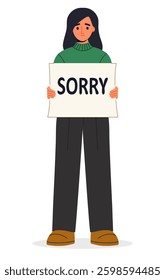 A young woman, dressed in green casual clothes, holding sign saying SORRY. Apologize or say sorry, regret for what happen asking for forgiveness concept. 