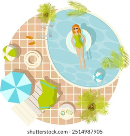 Young woman dressed in green swimsuit and sunglasses takes a sunbathe in a swimming pool surrounded by tropical plants on transparent background