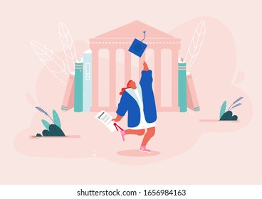 Young Woman Dressed in Mantles Throw Academical Cap in Air with Diploma Certificate in Hand on University Building Background. Alumnus Student Graduation Celebrating, Cartoon Flat Vector Illustration