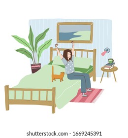 Young woman dressed in pyjamas is waking up in her bedroom at home. Daily routine, hand drawn vector illustration cute cartoon style.