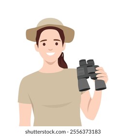 Young woman Dressed in a Safari Outfit Holding a Pair of Binoculars. Flat vector illustration isolated on white background