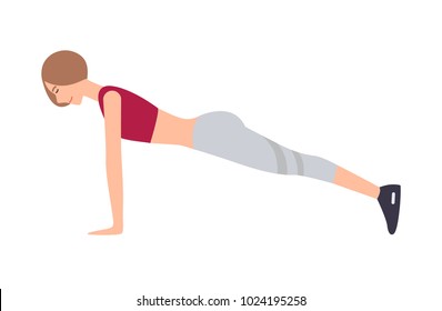 Young woman dressed in sports apparel performing front plank exercise isolated on white background. Female cartoon character doing aerobics, pilates or yoga training. Colorful vector illustration.