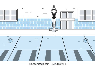 Young woman dressed in swimsuit standing at edge of empty pool and trying to jump into it. Girl in swimming suit ready to dive. Sports activity and healthy lifestyle. Modern vector illustration.