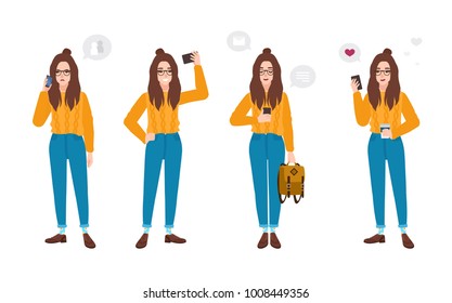 Young woman dressed in trendy clothes with smartphone. Hipster girl with mobile phone - texting, talking, taking selfie photo, reading message. Female cartoon character. Colorful vector illustration.