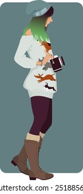 Young woman dressed in trendy fashion with ombre colored hair holding a vintage photo camera, vector illustration, no transparencies, ESP 8