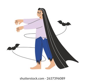 Young woman dressed up as a vampire. Halloween character in linear flat style.