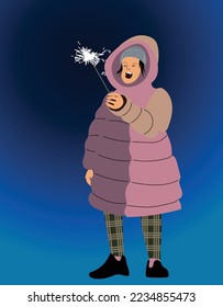 A young woman dressed in winter clothes celebrates Christmas on the street. Bengal fire burns in hand.