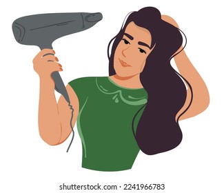 
A young woman dries her hair with a hair dryer. Flat vector illustration