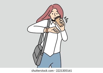 Young woman drink coffee from takeaway cup look at wristwatch worried to miss deadline. Girl student enjoy coffee check time on clock. Vector illustration. 